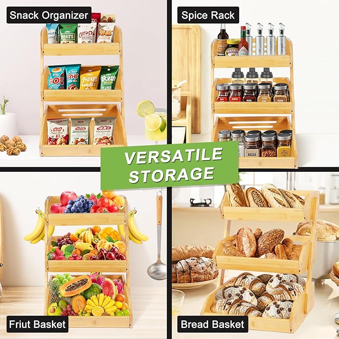 3-Tier Bamboo Fruit Basket Bowl Holder - Natural Vegetable Organizer with 2 Banana Hangers for Kitchen Countertop | for Produce, Potato, Onion, Bread & Snack Storage Display Stand Rack Self-assembly