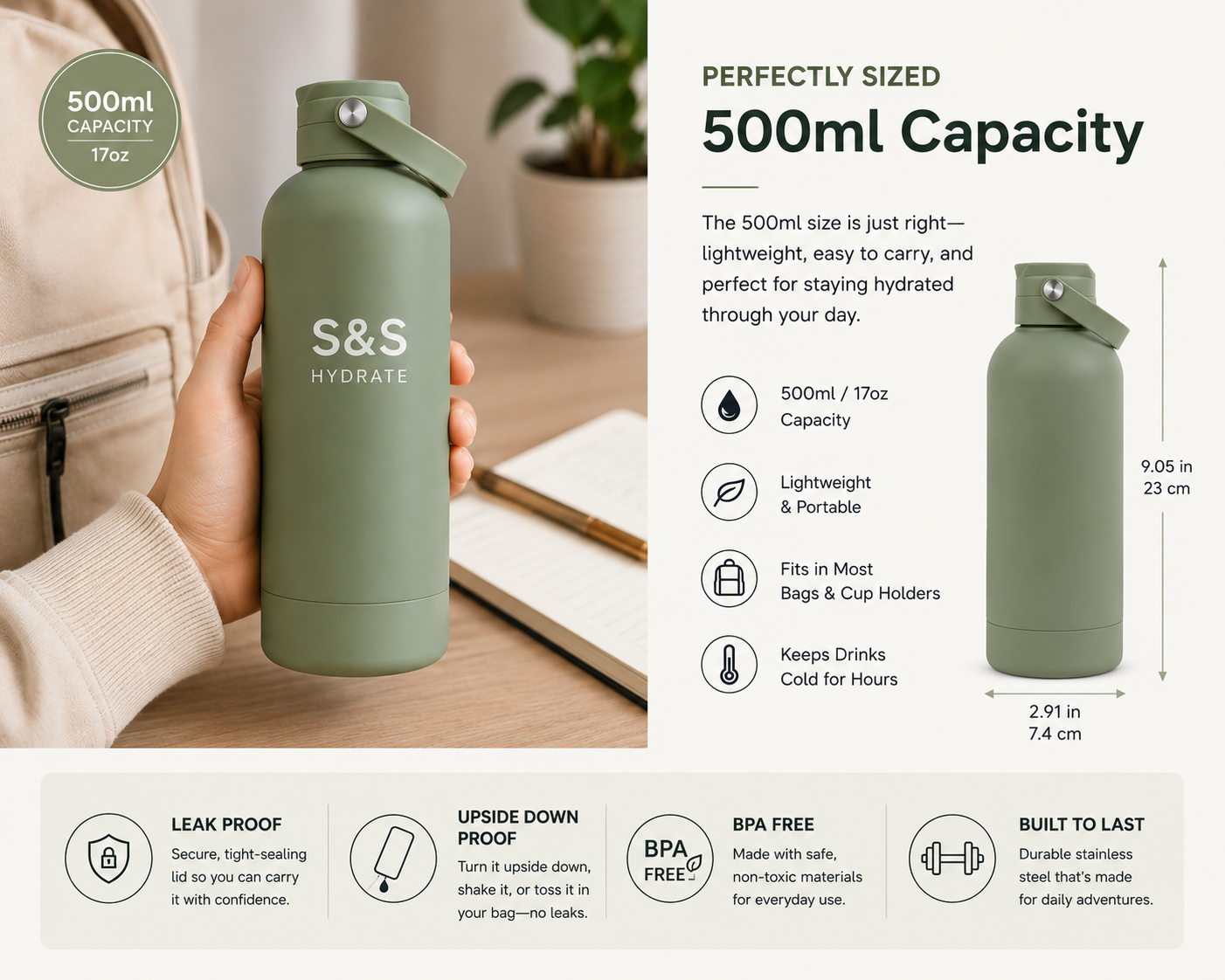 S&S HYDRATE 500ml Insulated Stainless Steel Water Bottle | Leakproof Flask