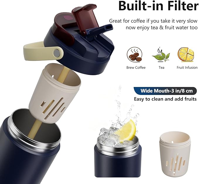 Coffee Cup Travel Mug 600ml – Stainless Steel Insulated Water Bottle, 2-in-1 Lid, Vacuum Thermal Cup, Leak-Proof Design, Keeps Drinks Hot 8H+ / Cold 24H – Work, Travel & Car (Navy)