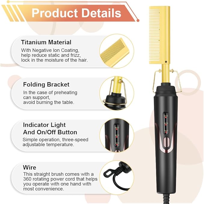 Flintronic Electric Hot Comb, Hot Comb Hair Straightener, Anti-Scald Straightening Comb with Teeth, Hair Straightening Curly Quick Heated Comb for Wigs, Afro Hairs & Beard, Temperatures Adjustable