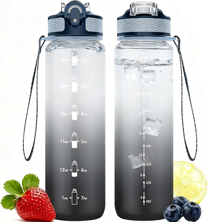 Water Bottle, 1L Sports Water Bottle with Straw and Time Markings.