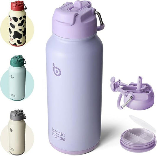 BOTTLE BOTTLE Insulated Water Bottle 950ml(32oz) Stainless Steel Sports Water Bottles with Straw Dual-use Lid Drink Flask Design for Gym with Pill Box (Light Purple)