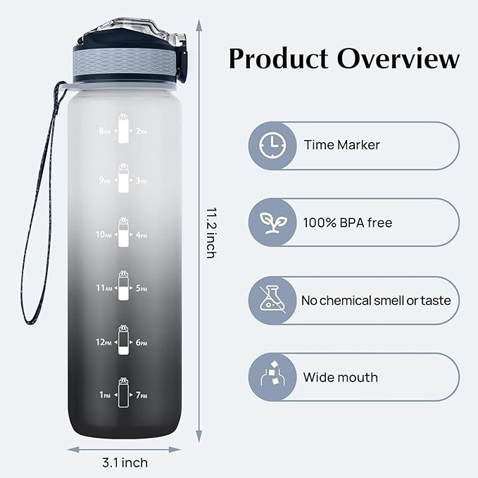 Water Bottle, 1L Sports Water Bottle with Straw and Time Markings.