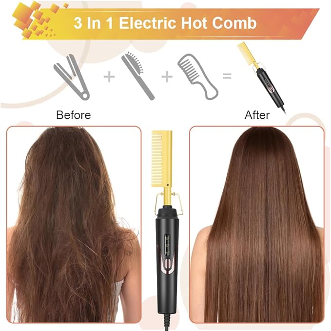 Flintronic Electric Hot Comb, Hot Comb Hair Straightener, Anti-Scald Straightening Comb with Teeth, Hair Straightening Curly Quick Heated Comb for Wigs, Afro Hairs & Beard, Temperatures Adjustable