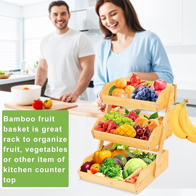 3-Tier Bamboo Fruit Basket Bowl Holder - Natural Vegetable Organizer with 2 Banana Hangers for Kitchen Countertop | for Produce, Potato, Onion, Bread & Snack Storage Display Stand Rack Self-assembly