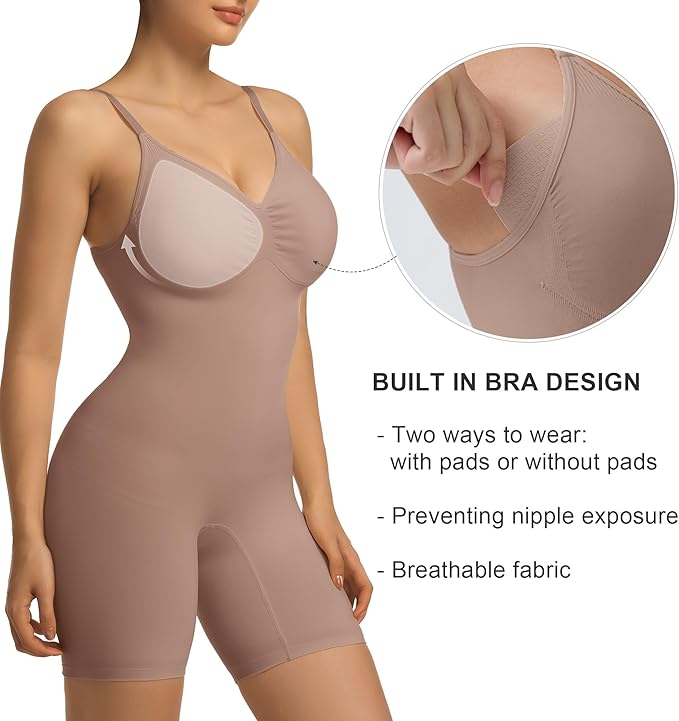 SHAPERX Shapewear for Women Tummy Control Bodysuit with Removable Pads Butt Lifter Body Shaper Shorts