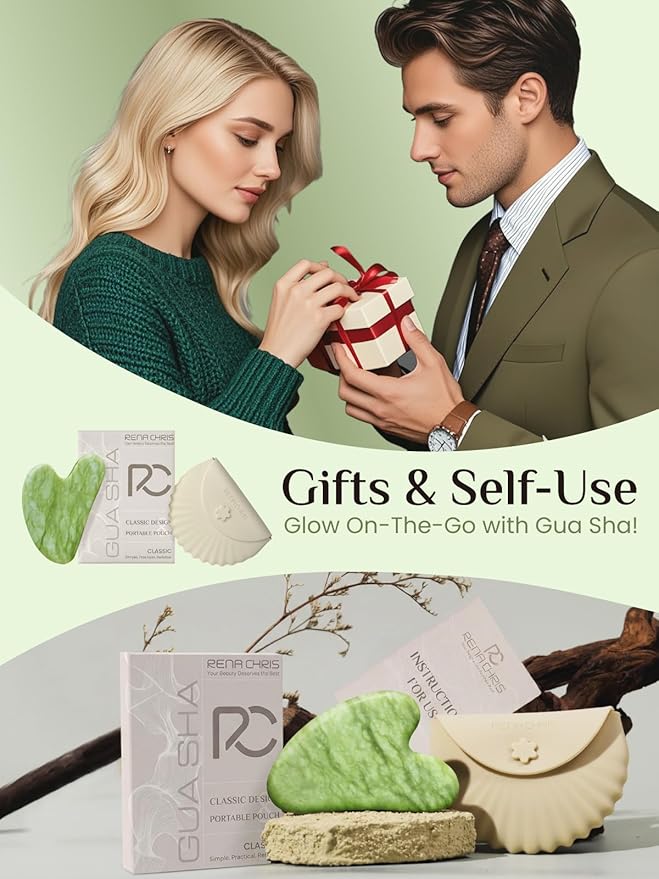 Rena Chris Gua Sha Facial Tools, Jade Gua Sha Stone for Face Massage, Jawline Sculpting & Puffiness Reduction with Silicone Case (Green)