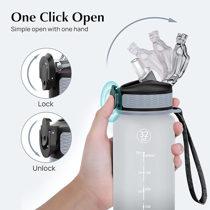 Water Bottle, 1L Sports Water Bottle with Straw and Time Markings.