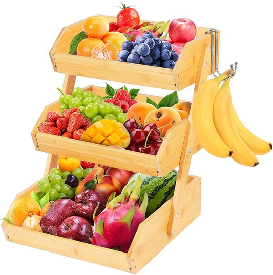 3-Tier Bamboo Fruit Basket Bowl Holder - Natural Vegetable Organizer with 2 Banana Hangers for Kitchen Countertop | for Produce, Potato, Onion, Bread & Snack Storage Display Stand Rack Self-assembly