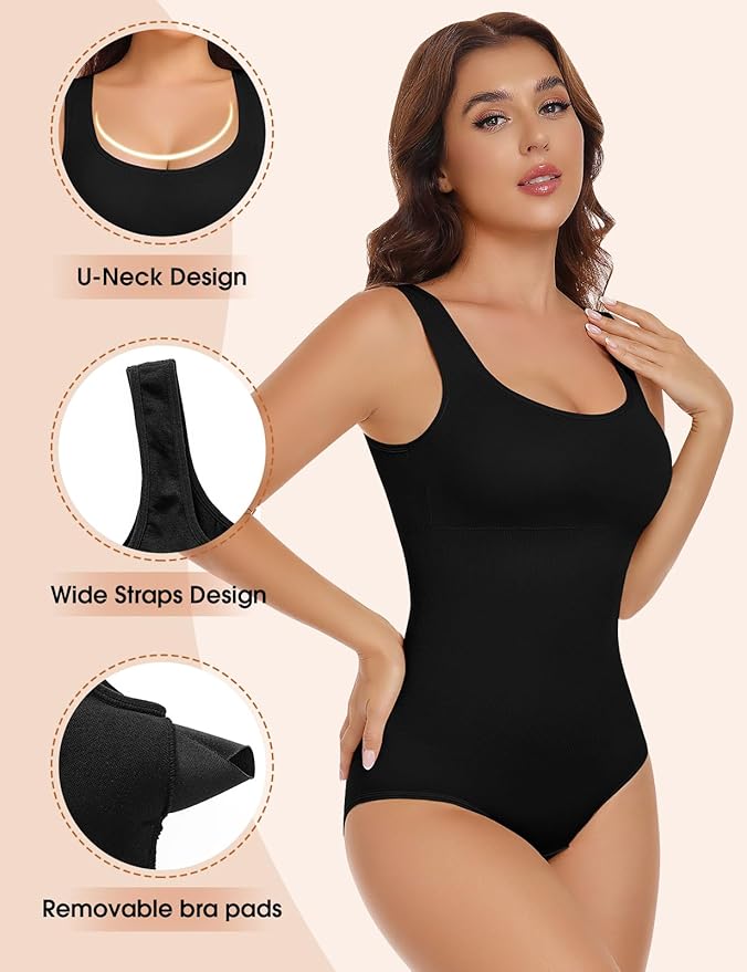 Women Shapewear Bodysuit Tummy Control Full Body Shaper Seamless Shaping Bodysuit Round Neck Tank Tops Slimming Waist Trainer Vest