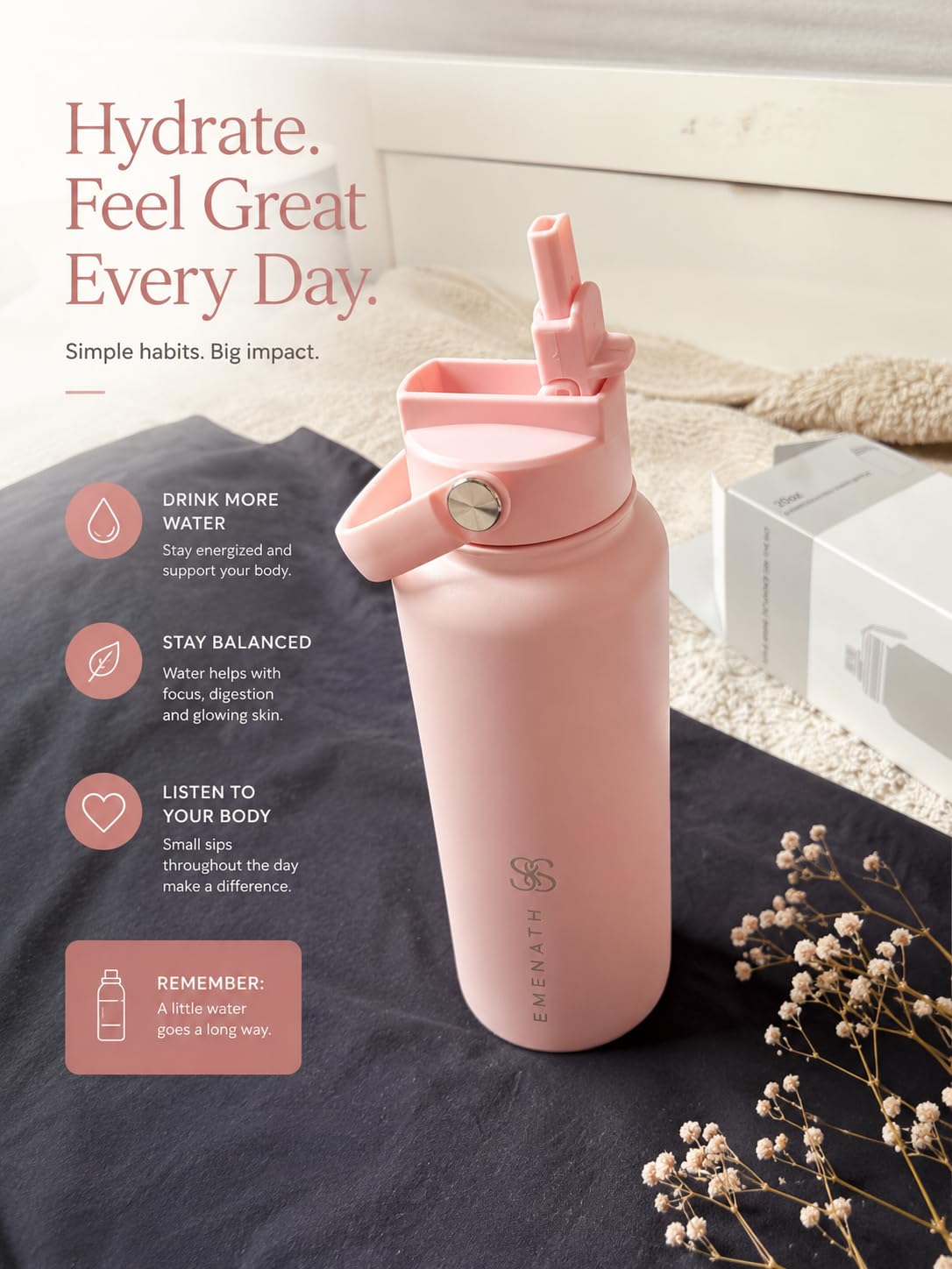 EMENATH 32oz Insulated Water Bottle with Leakproof Straw Lid & Handle
