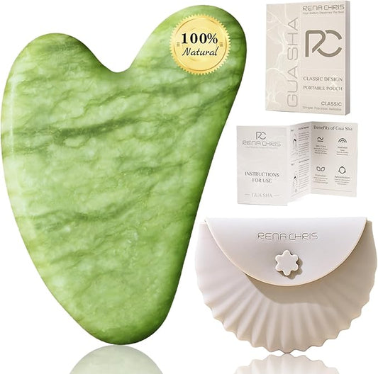 Rena Chris Gua Sha Facial Tools, Jade Gua Sha Stone for Face Massage, Jawline Sculpting & Puffiness Reduction with Silicone Case (Green)