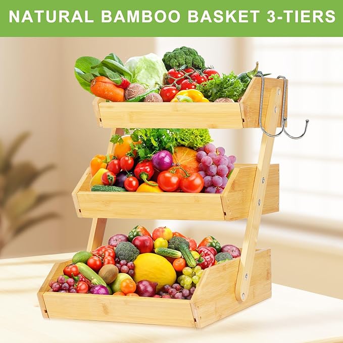 3-Tier Bamboo Fruit Basket Bowl Holder - Natural Vegetable Organizer with 2 Banana Hangers for Kitchen Countertop | for Produce, Potato, Onion, Bread & Snack Storage Display Stand Rack Self-assembly