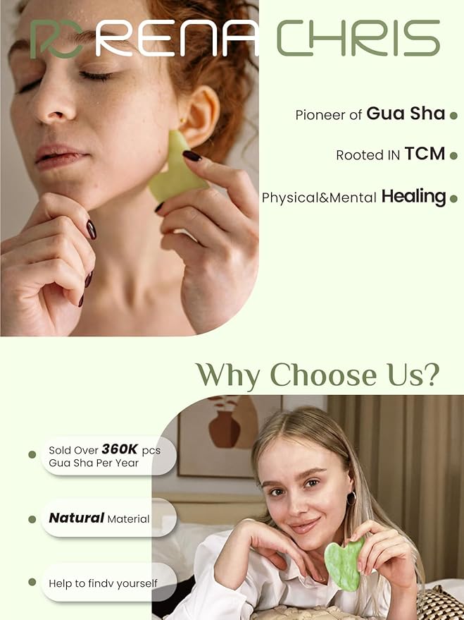Rena Chris Gua Sha Facial Tools, Jade Gua Sha Stone for Face Massage, Jawline Sculpting & Puffiness Reduction with Silicone Case (Green)