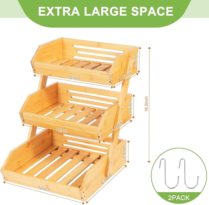 3-Tier Bamboo Fruit Basket Bowl Holder - Natural Vegetable Organizer with 2 Banana Hangers for Kitchen Countertop | for Produce, Potato, Onion, Bread & Snack Storage Display Stand Rack Self-assembly