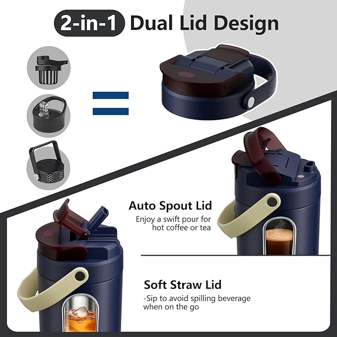 Coffee Cup Travel Mug 600ml – Stainless Steel Insulated Water Bottle, 2-in-1 Lid, Vacuum Thermal Cup, Leak-Proof Design, Keeps Drinks Hot 8H+ / Cold 24H – Work, Travel & Car (Navy)