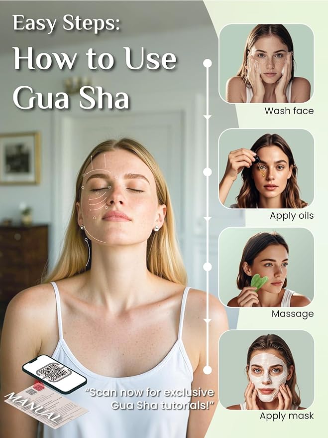 Rena Chris Gua Sha Facial Tools, Jade Gua Sha Stone for Face Massage, Jawline Sculpting & Puffiness Reduction with Silicone Case (Green)