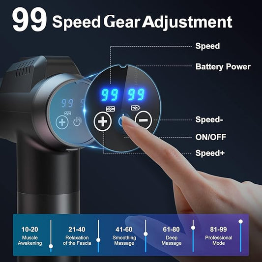 Massage Gun Deep Tissue, Professional Handheld Muscle Percussion Massager with 99 Speeds & 6 Interchangeable Heads, LCD Touch Screen, Ultra-Quiet Design for Shoulder, Back, Body Muscle Relaxation
