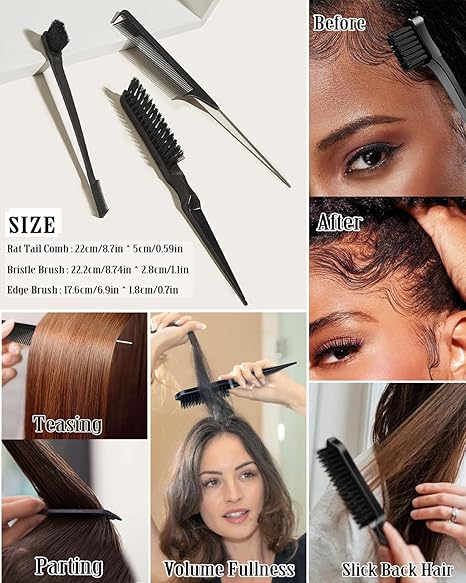 Hair Wax Stick & Slick Back Hair Brush Set, Non-greasy Styling Wax Stick, Slick Back Brush for Smoothing Flyaways & Frizz, Styling Comb Set - Bun Accessories for Women, Teen Girls