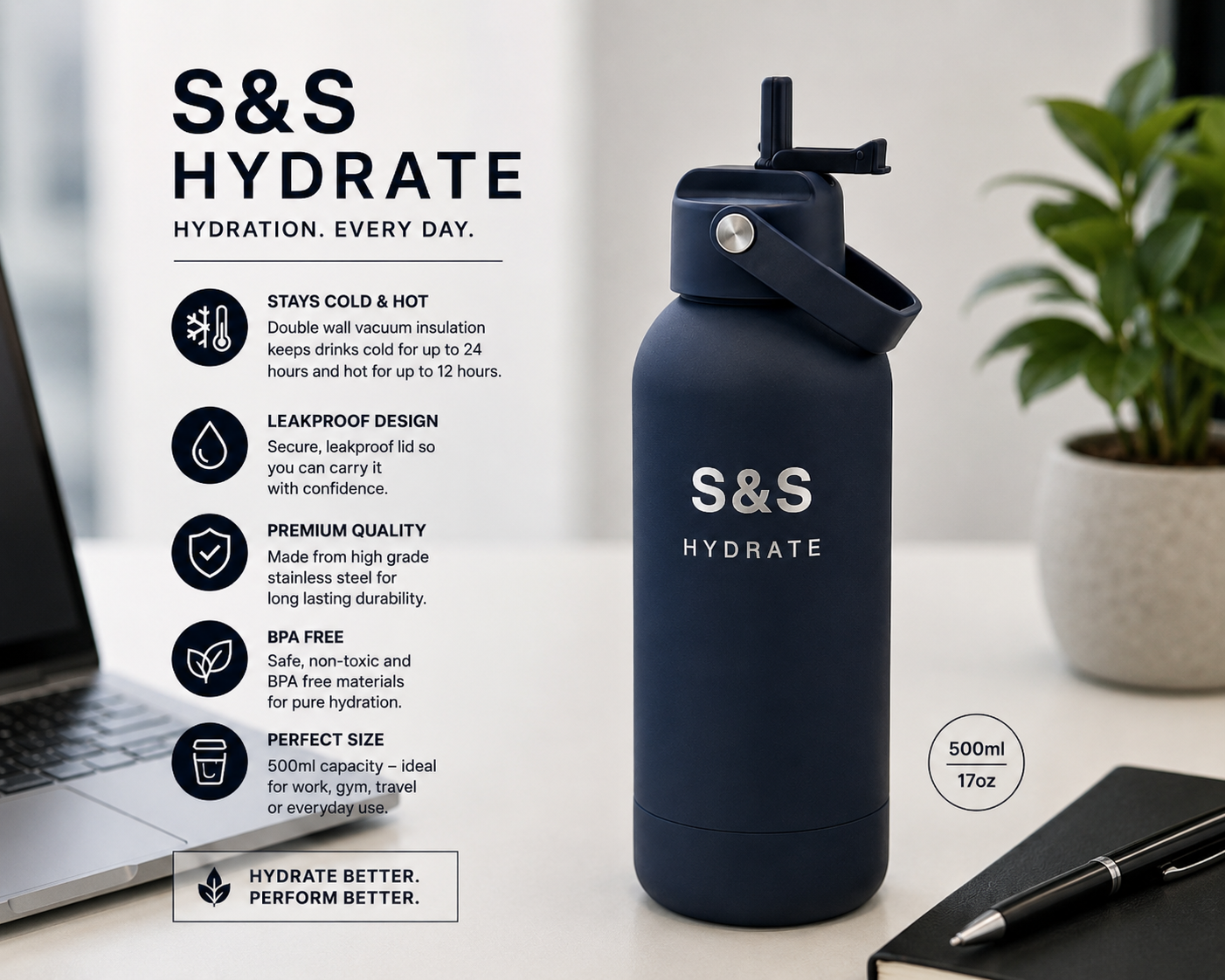 S&S HYDRATE 500ml Insulated Stainless Steel Water Bottle | Leakproof Flask