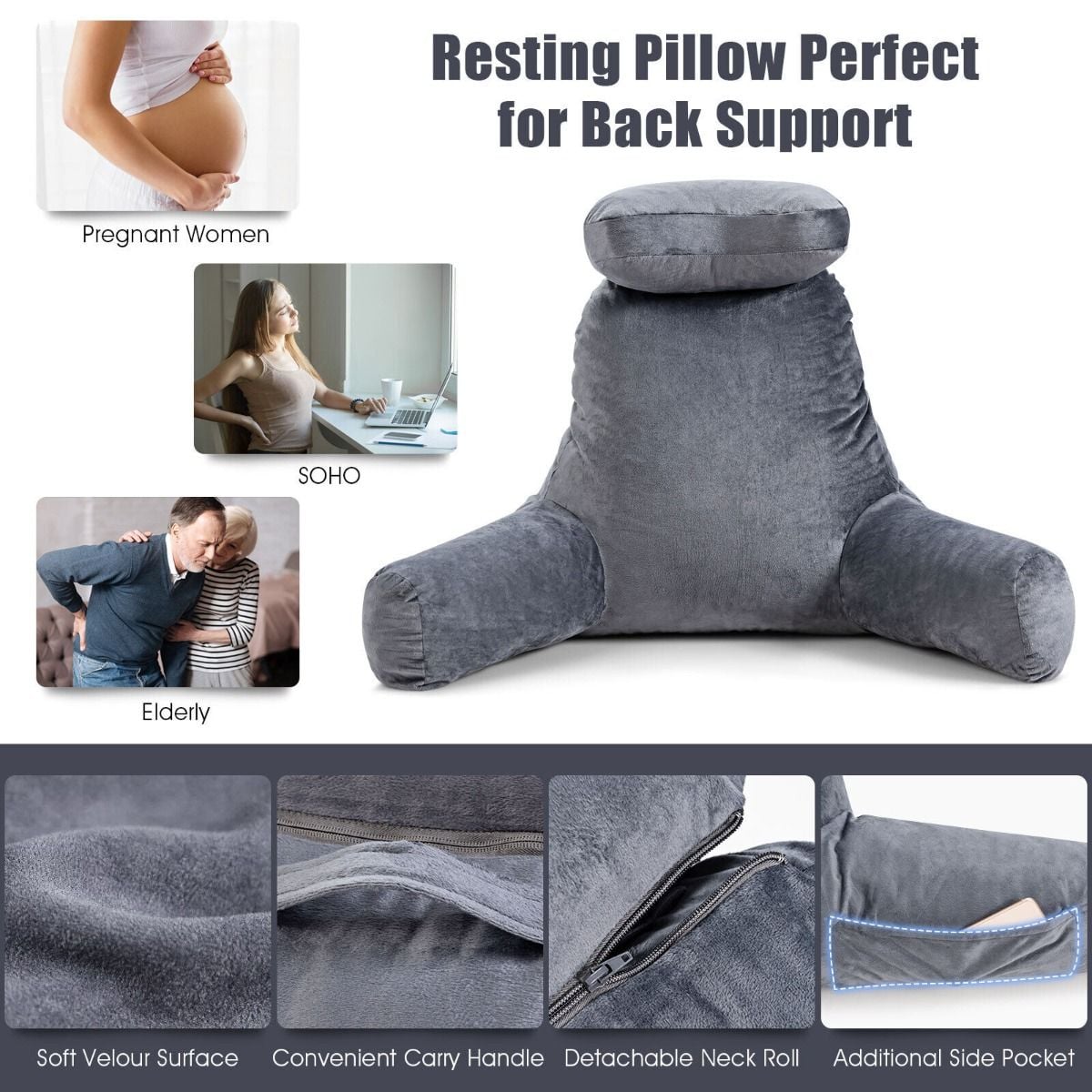 Extra Large Bed Rest Reading Pillow with Detachable Neck Roll
