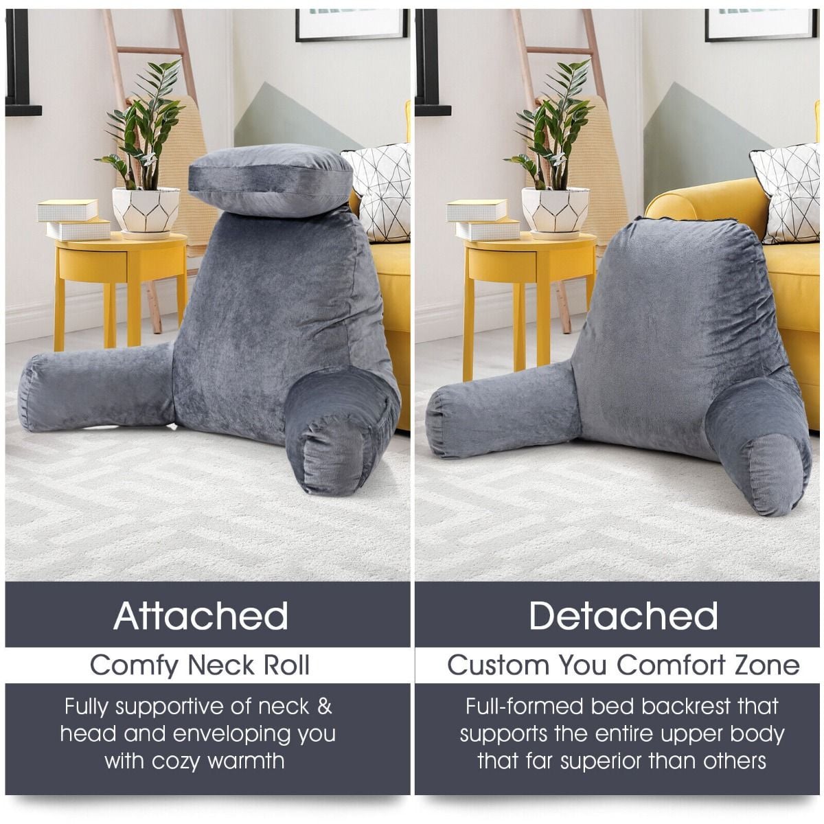 Extra Large Bed Rest Reading Pillow with Detachable Neck Roll